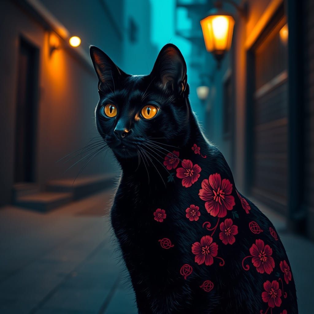 Sleek Black Cat with Cherry Blossom Tattoos in Neon-Lit Alle...