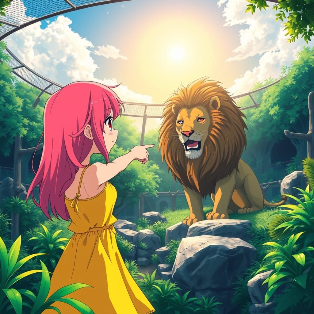 Anime Girl Excitedly Views Lion at Zoo