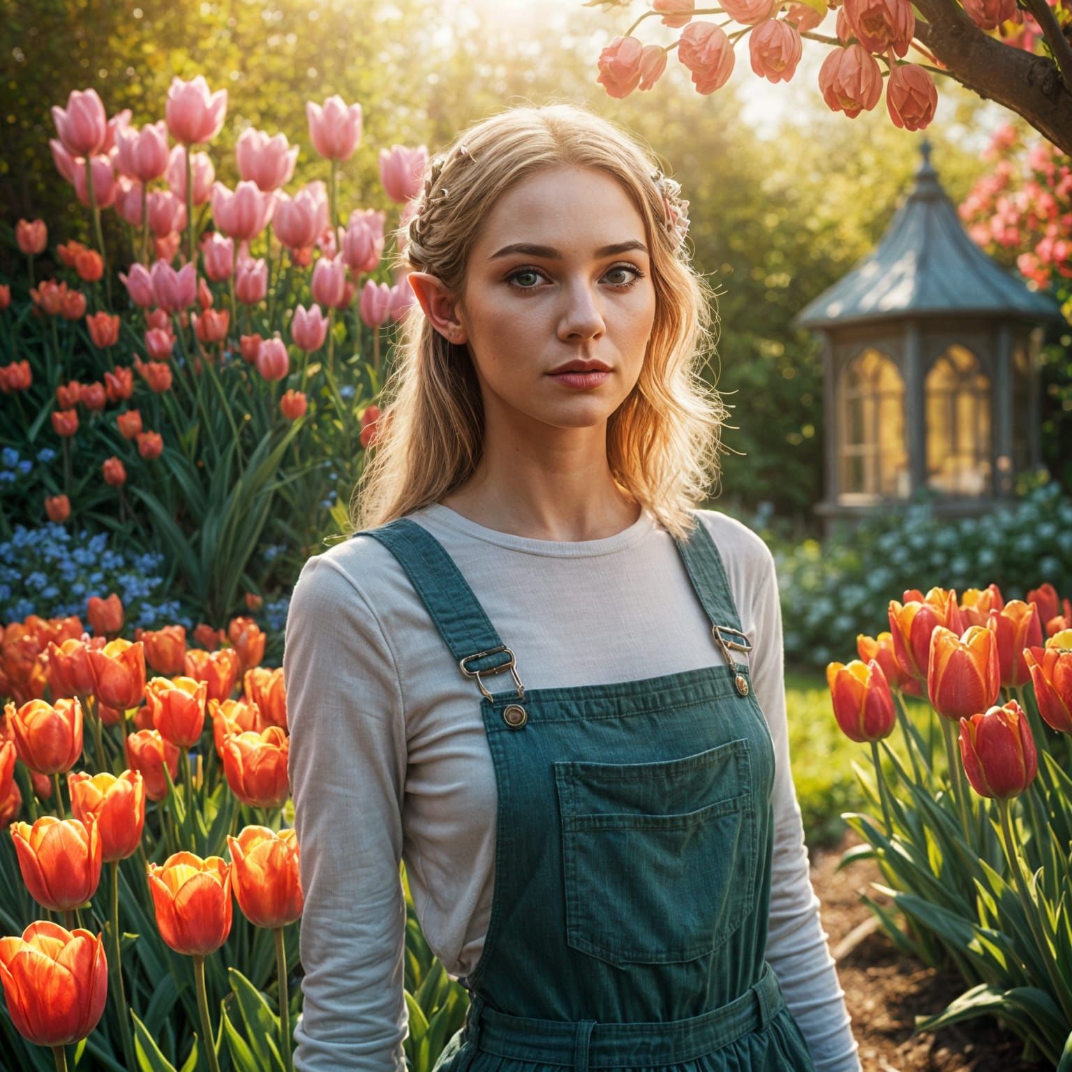 Hyperrealistic Pin-Up Elf Maiden Amidst Vibrant Tulips