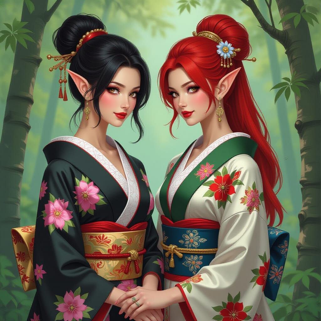 Elven Geishas in a Fantasy Oil Painting