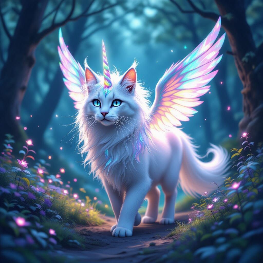 Cat Unicorn with Iridescent Wings in Twilight Forest