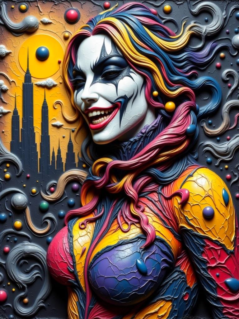 Dramatic Encaustic Painting of Harley Quinn in Night City