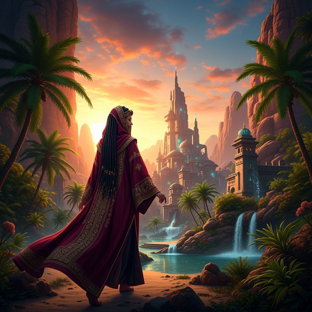 Elegant Arabian Woman in Desert Oasis, Detailed Matte Painti...