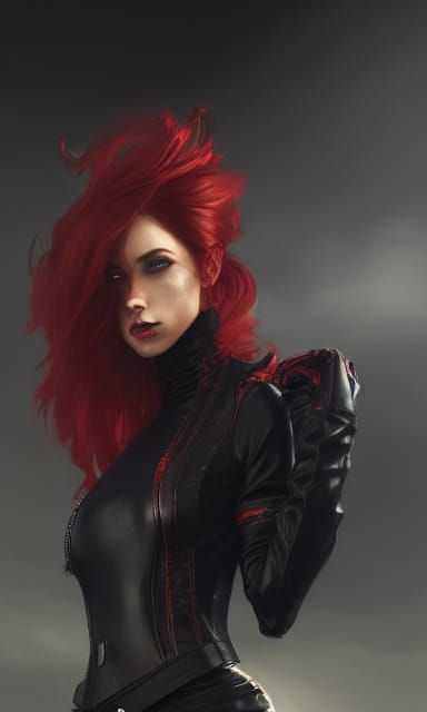 Red-Haired Spy in Leather Outfit: Dark Fantasy Art