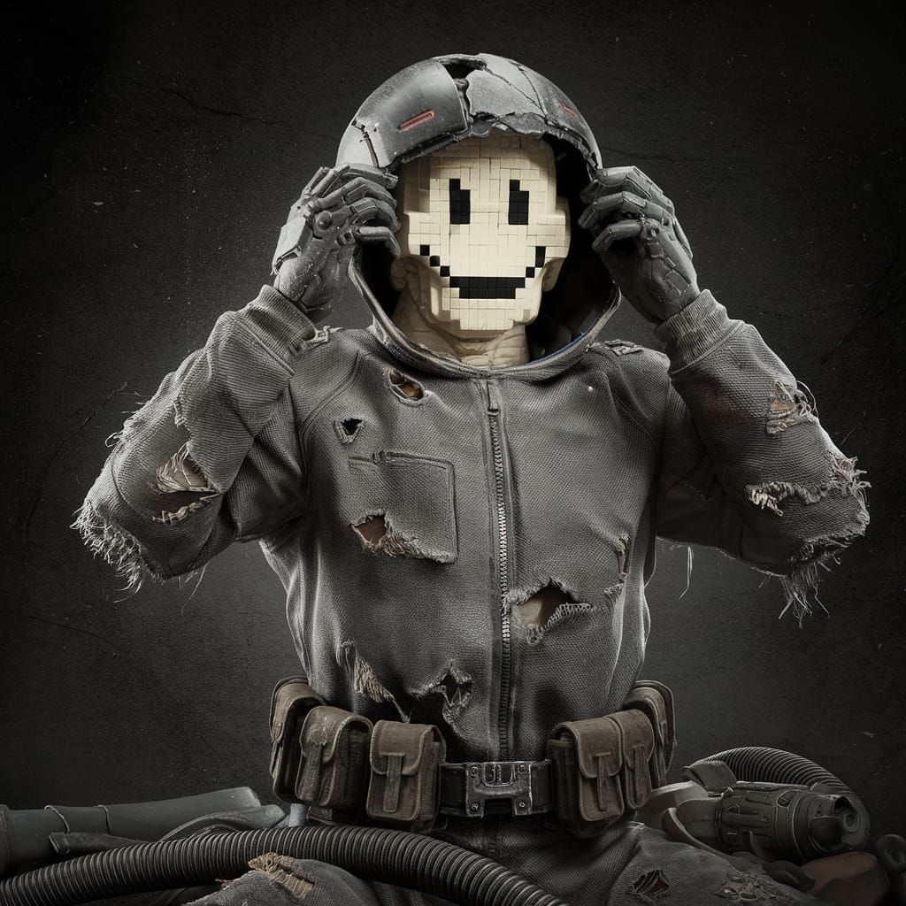 Worn Futuristic Figure Reveals Pixelated Smile