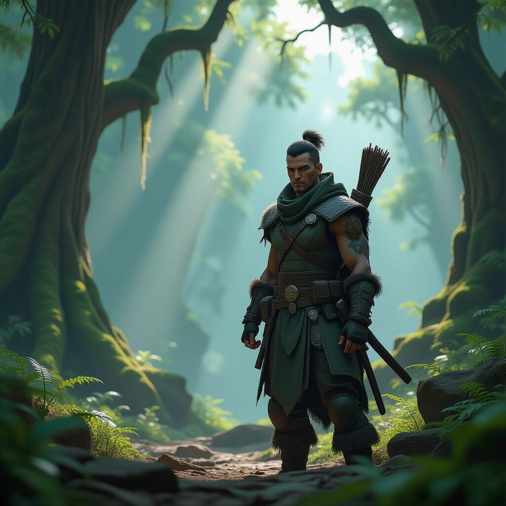 Stoic Forest Ranger in Dramatic Woodland Scene