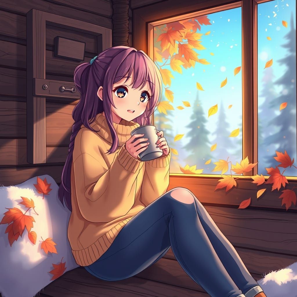 Anime Girl in Cozy Cabin, Digital Art