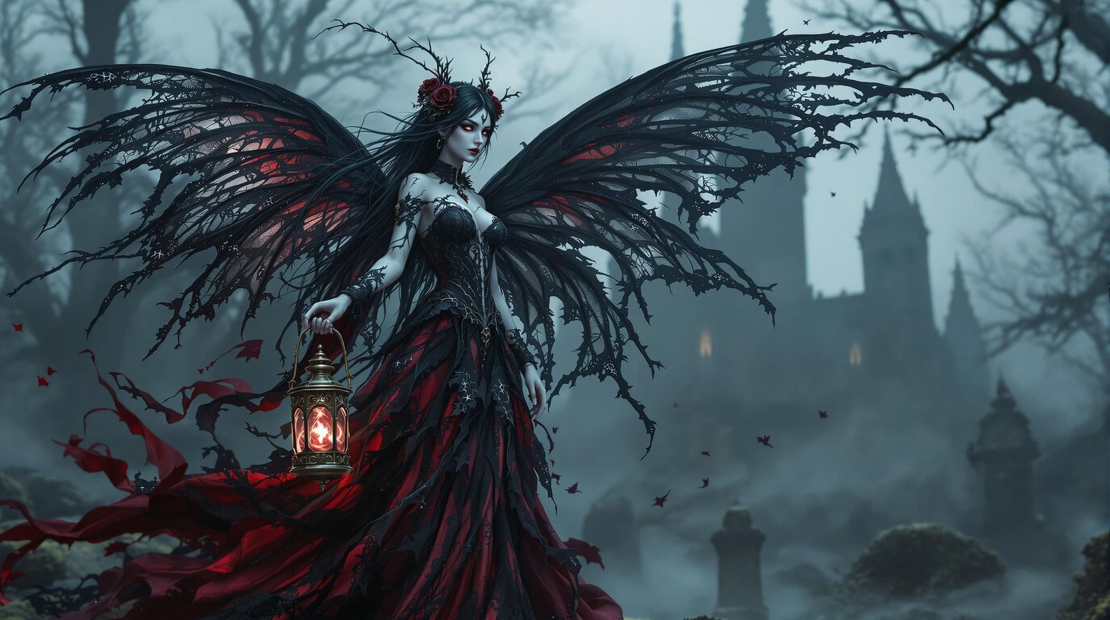 A gothic fairy with tattered raven-feather wings edged in silver filigree, her gown a flowing mix of black lace and deep...