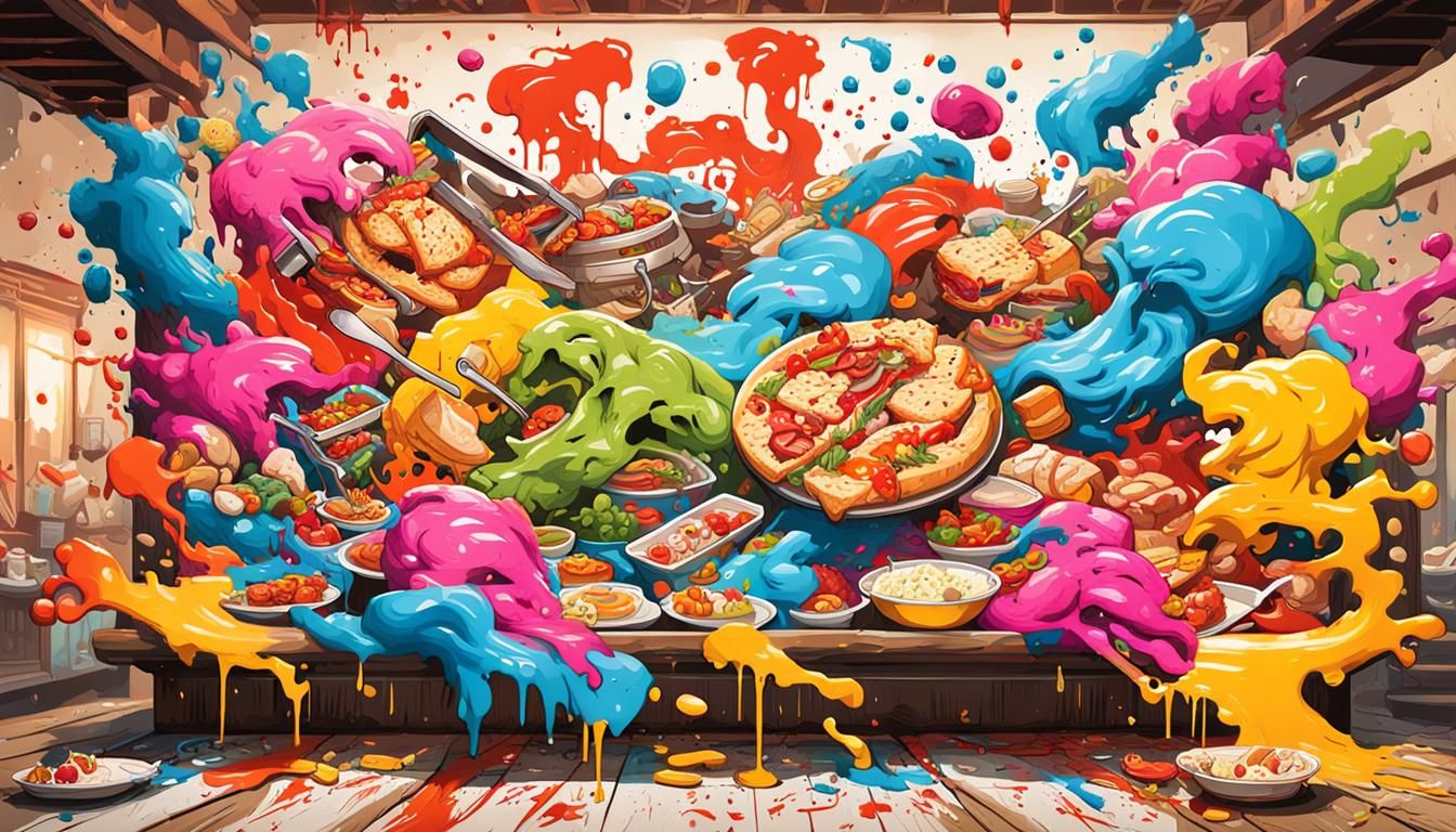 Dinner vs Lunch: Comedic Food Fight in Graffiti Art Style