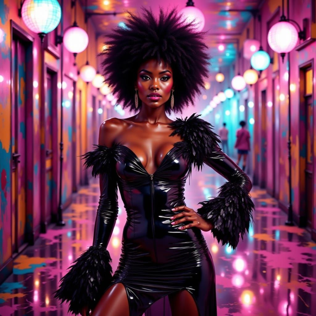 Futuristic Disco Goddess in Shimmering Black Leather