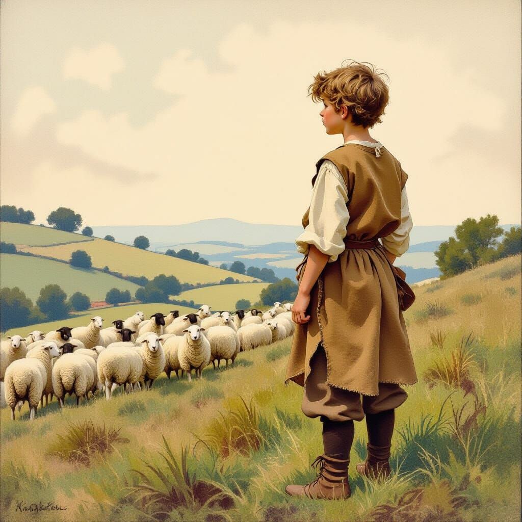 Worried Shepherd Boy in Classic Illustration Style