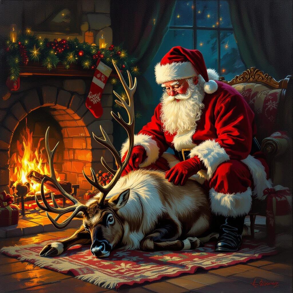 Santa Tends to Sick Reindeer on Christmas Eve
