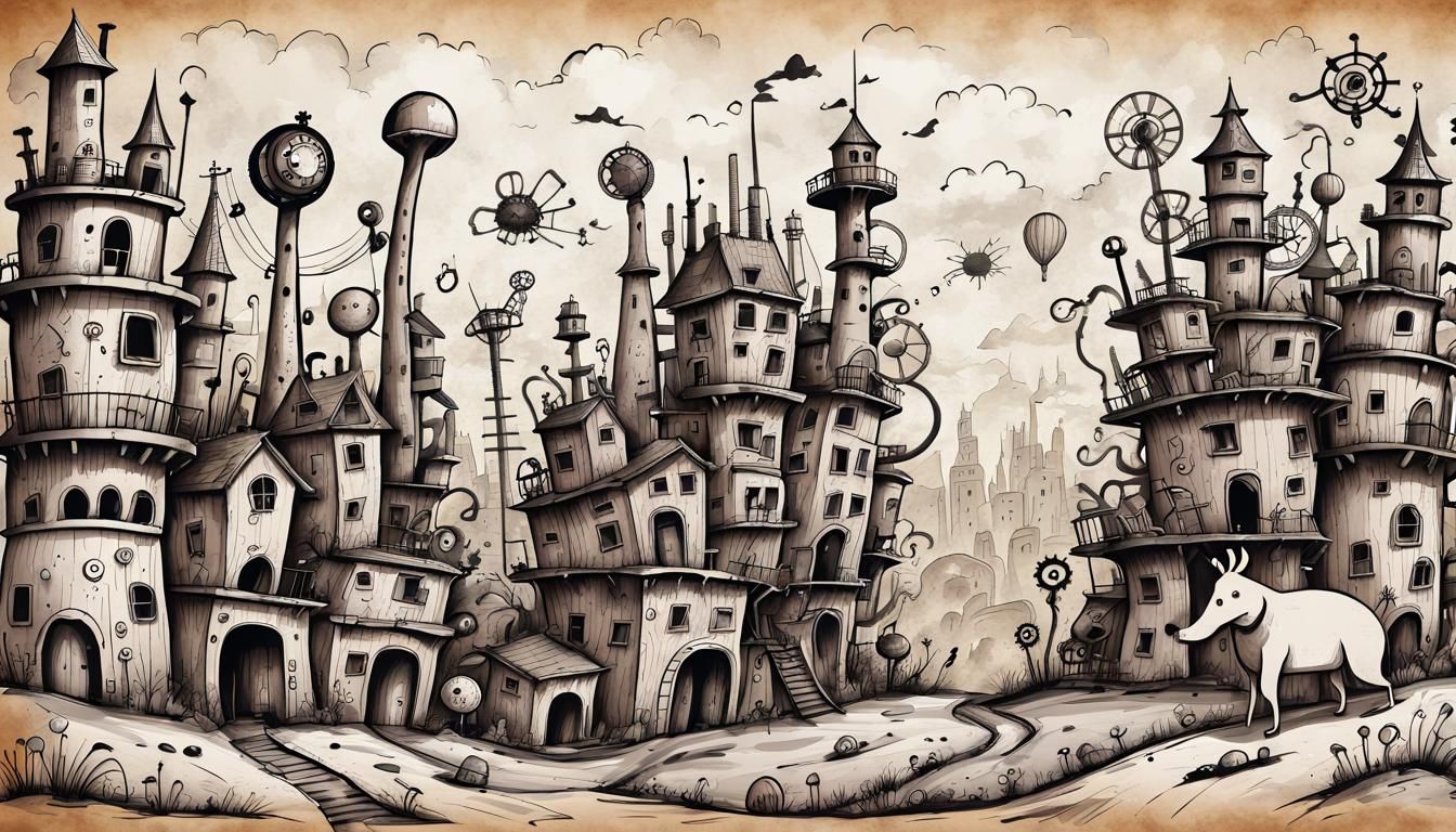 Doodle Landscape with Steampunk and Ink Elements