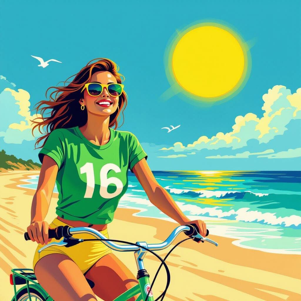 Woman on Beach Bike With Golden Sun Key