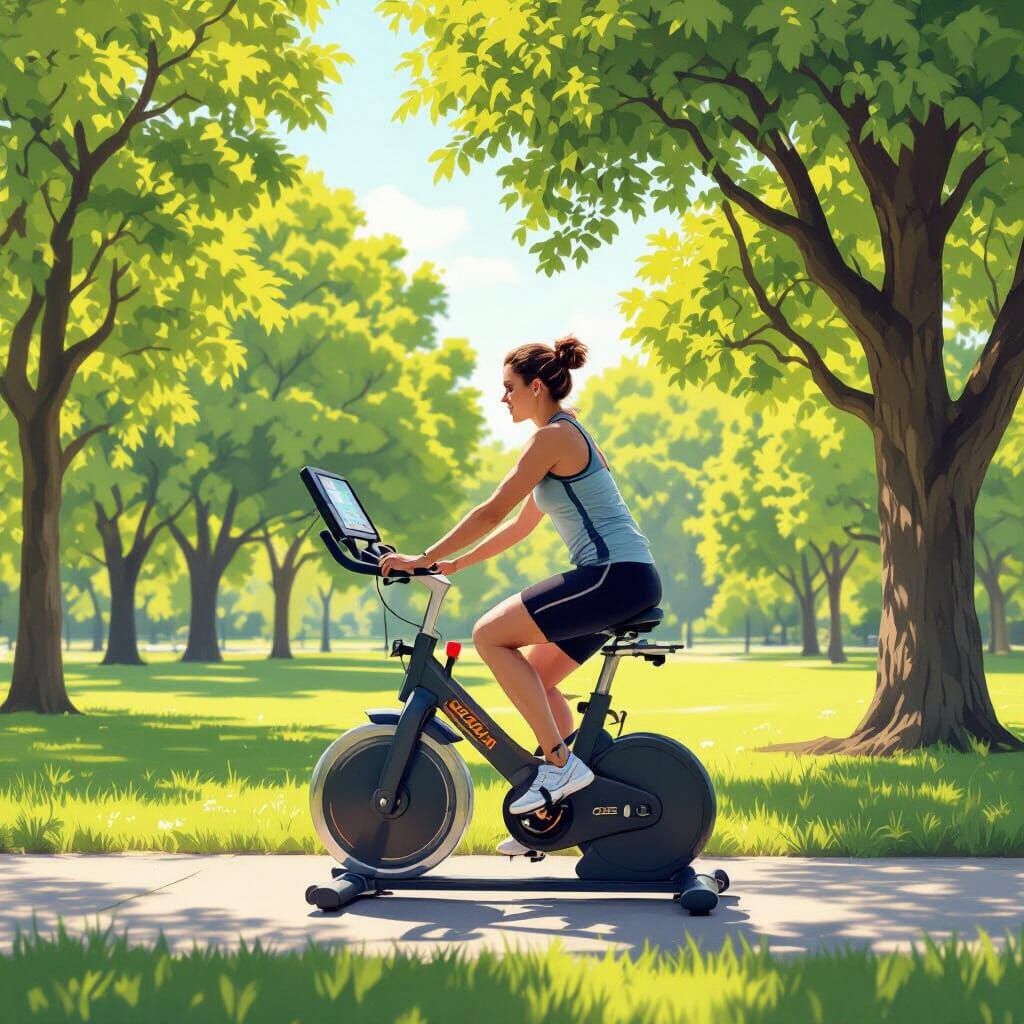 Person on Exercise Bike in Sunny Park, Realistic Style