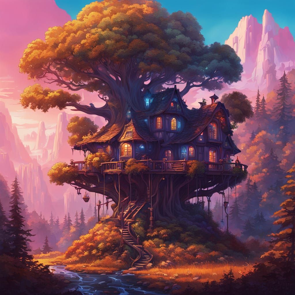Enchanted Fairytale Tree House in Whimsical Pixel Art Style