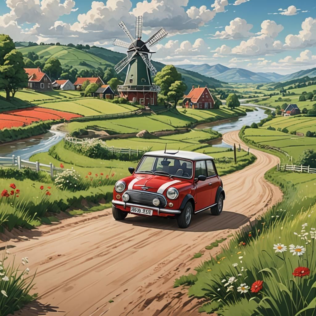 Red Mini Cooper in Holland Countryside: Anime Illustration