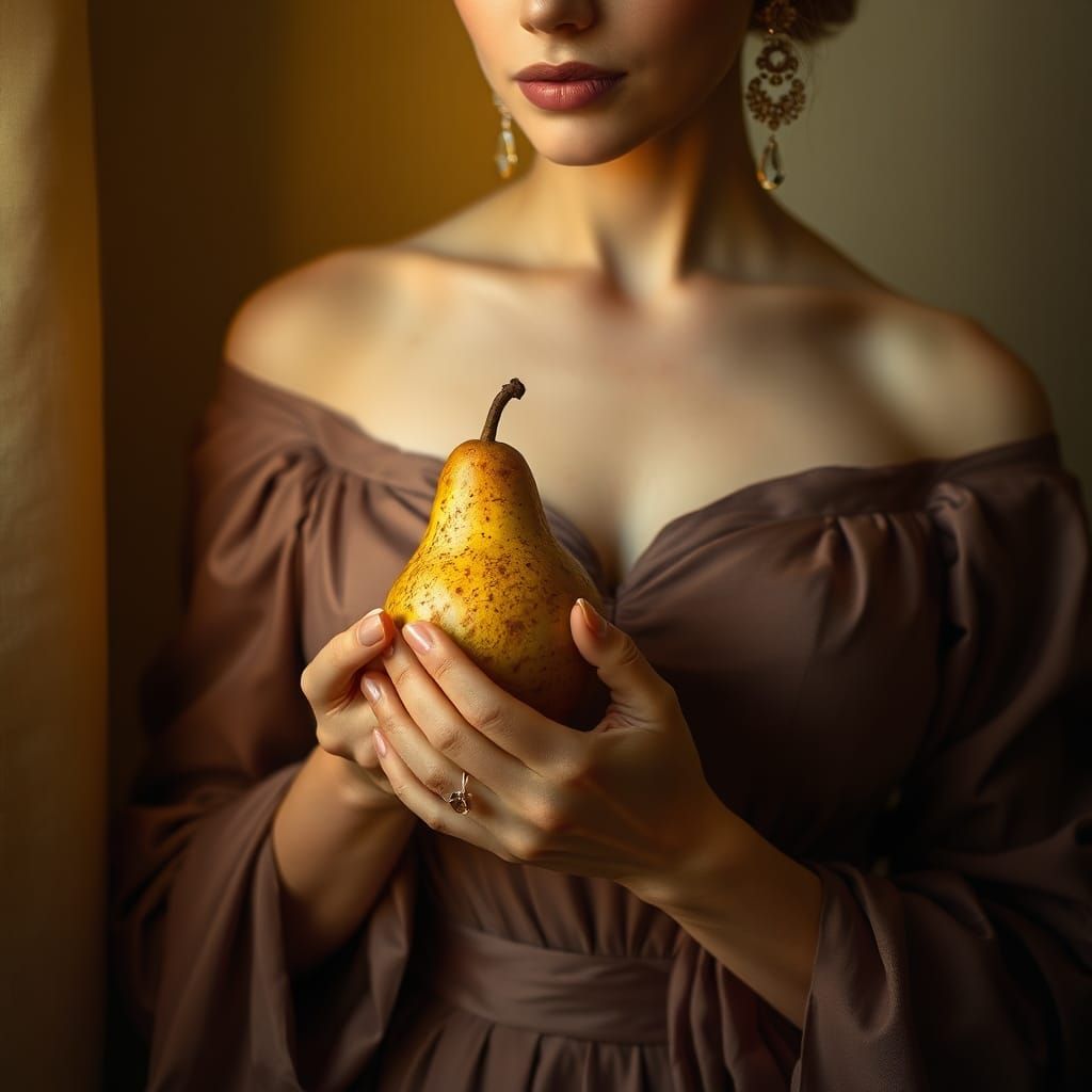 Elegant Woman with Pear: Old Masters Style