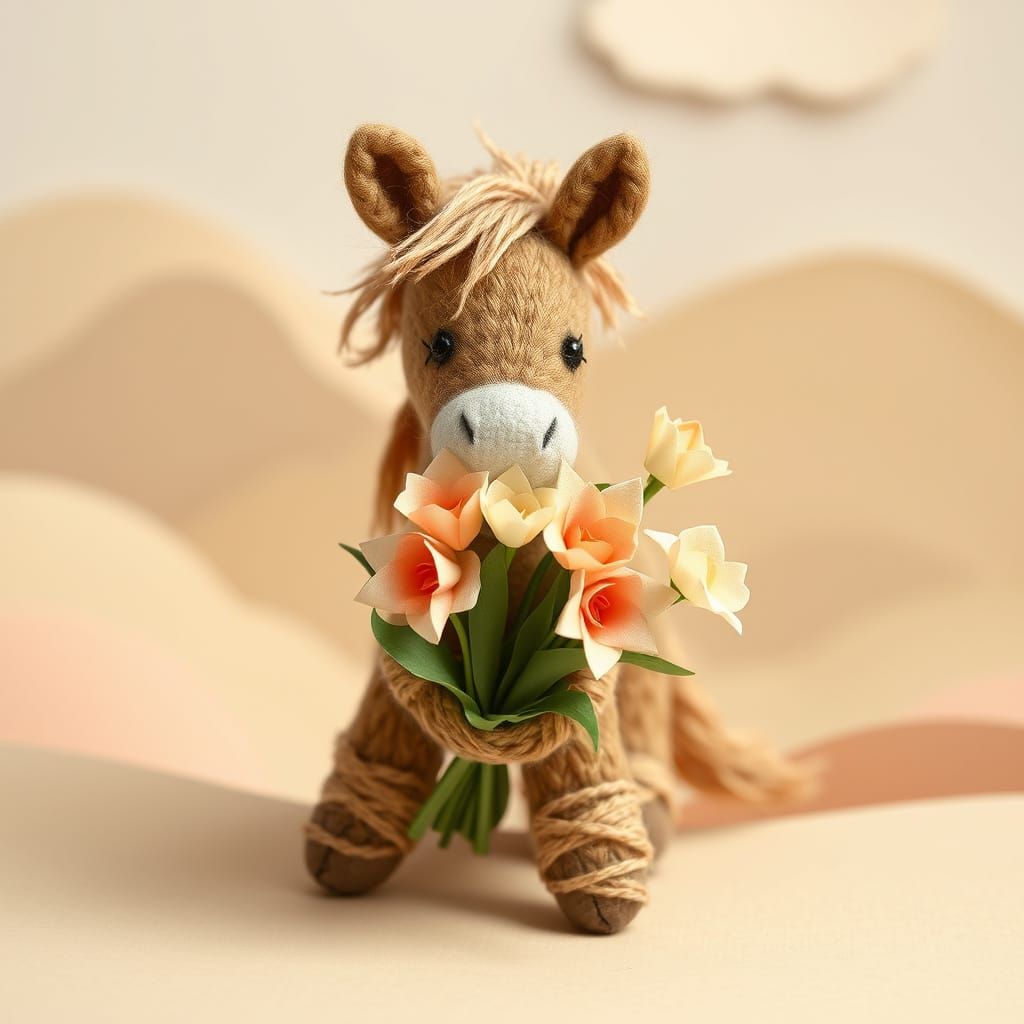 Whimsical Wool Pony Holding Origami Flowers