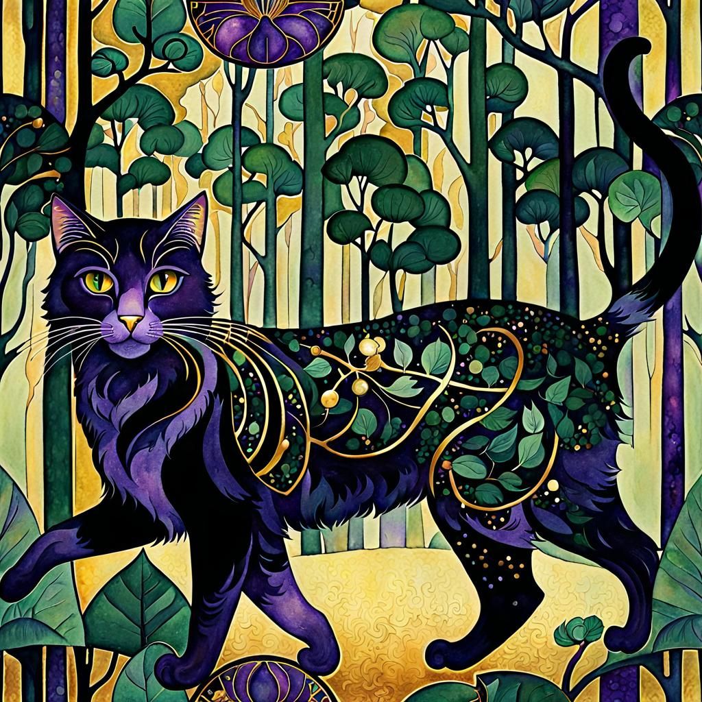 Art Deco Cat in Art Nouveau Forest
