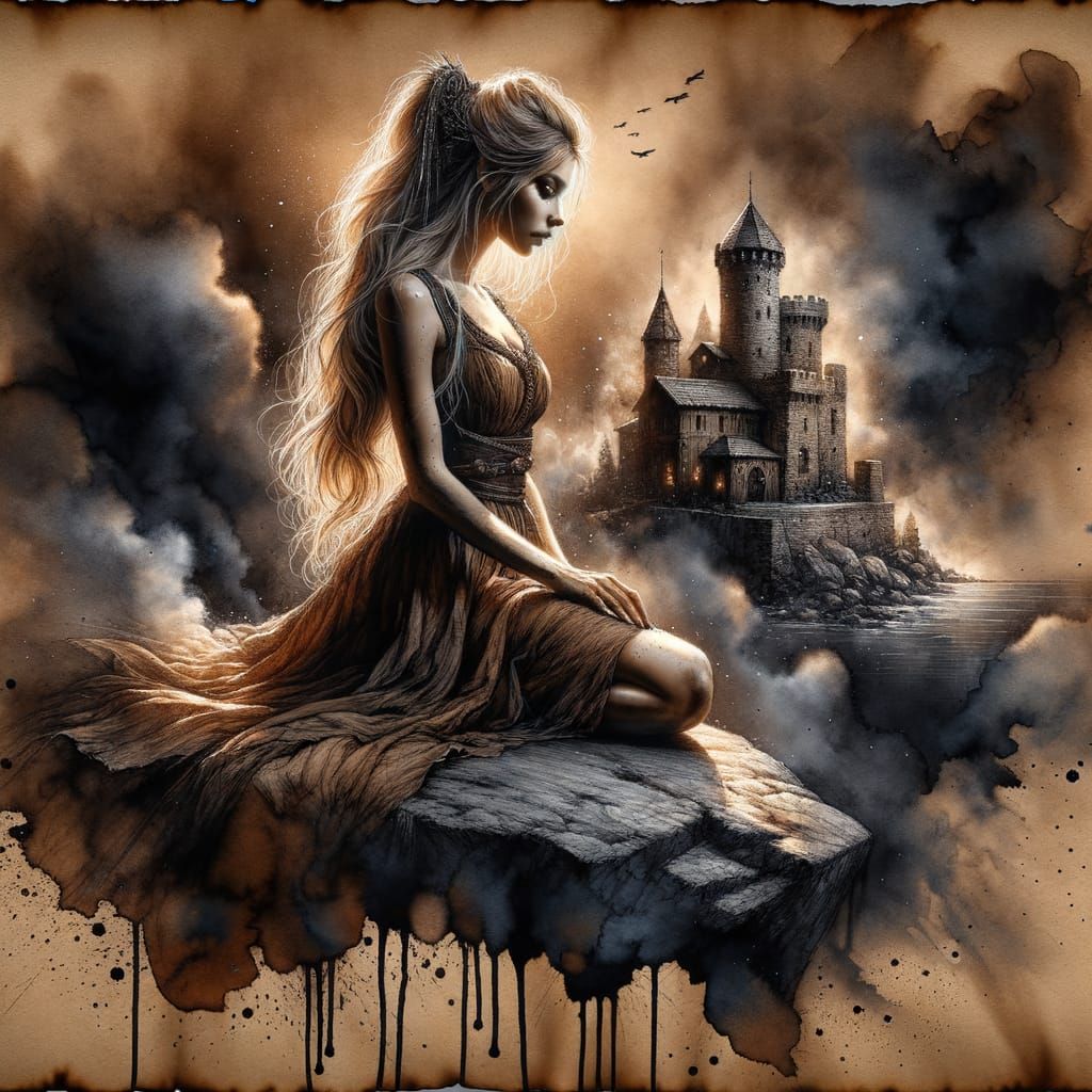 Norse Goddess Amidst Smoky Castle Ruins