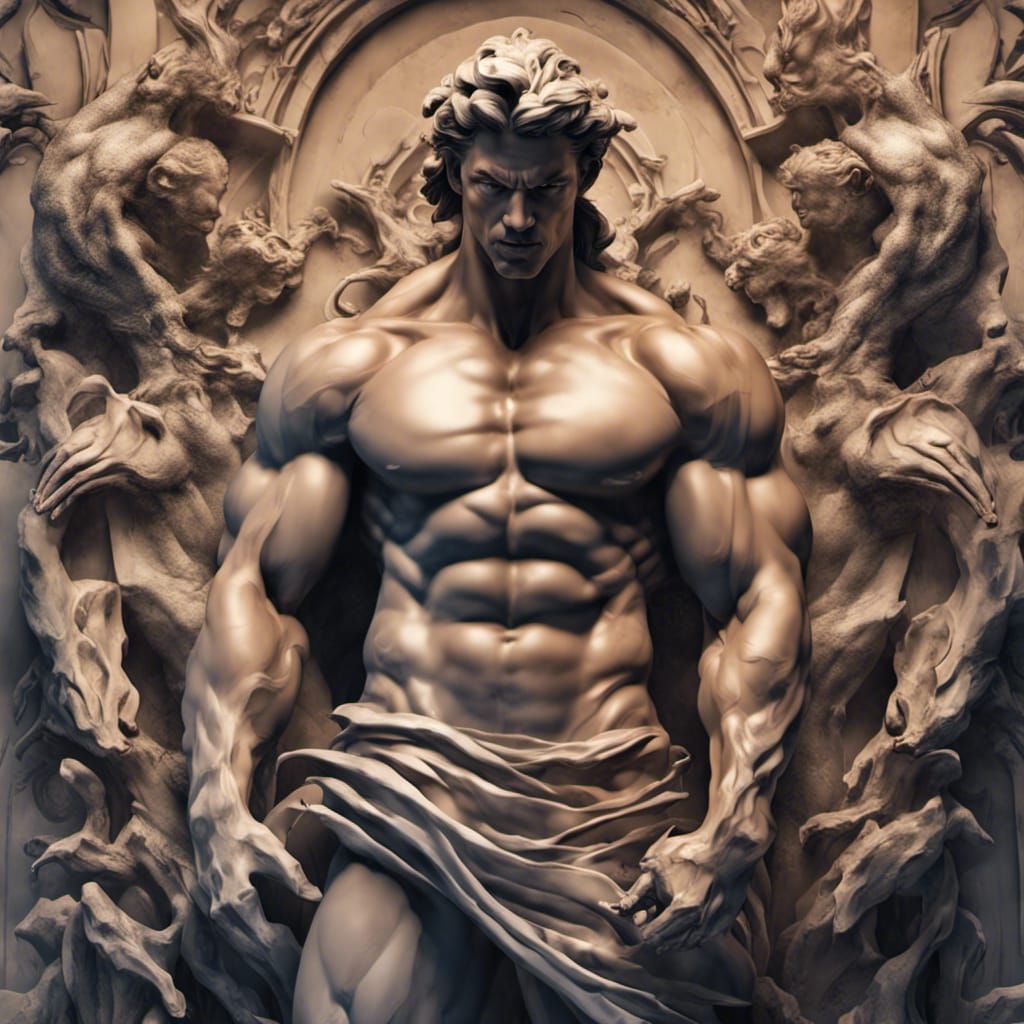 Renaissance Sculpture of Muscular Man in Detailed Matte Pain...
