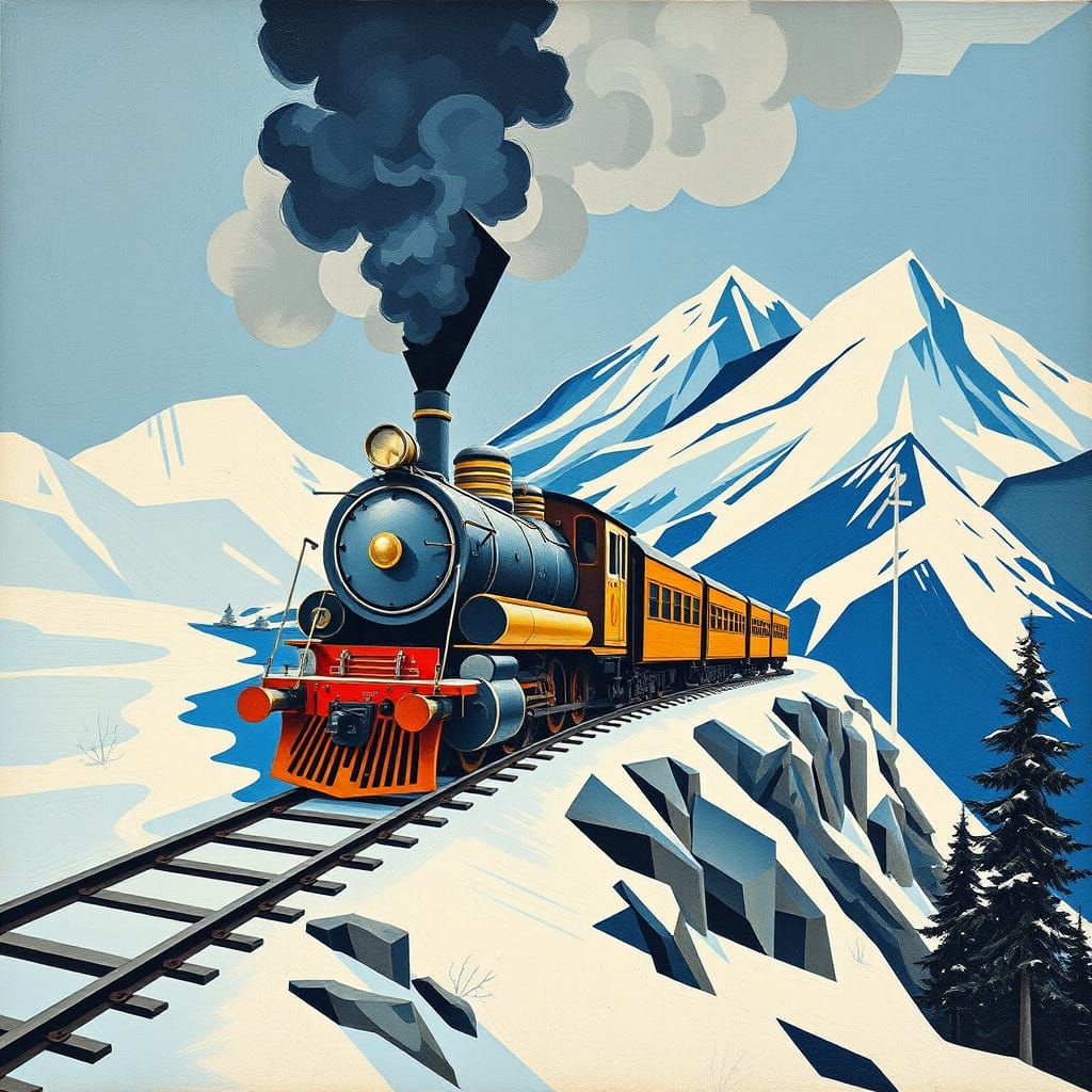 Antique Locomotive on Snowy Mountainside in Cubist Style