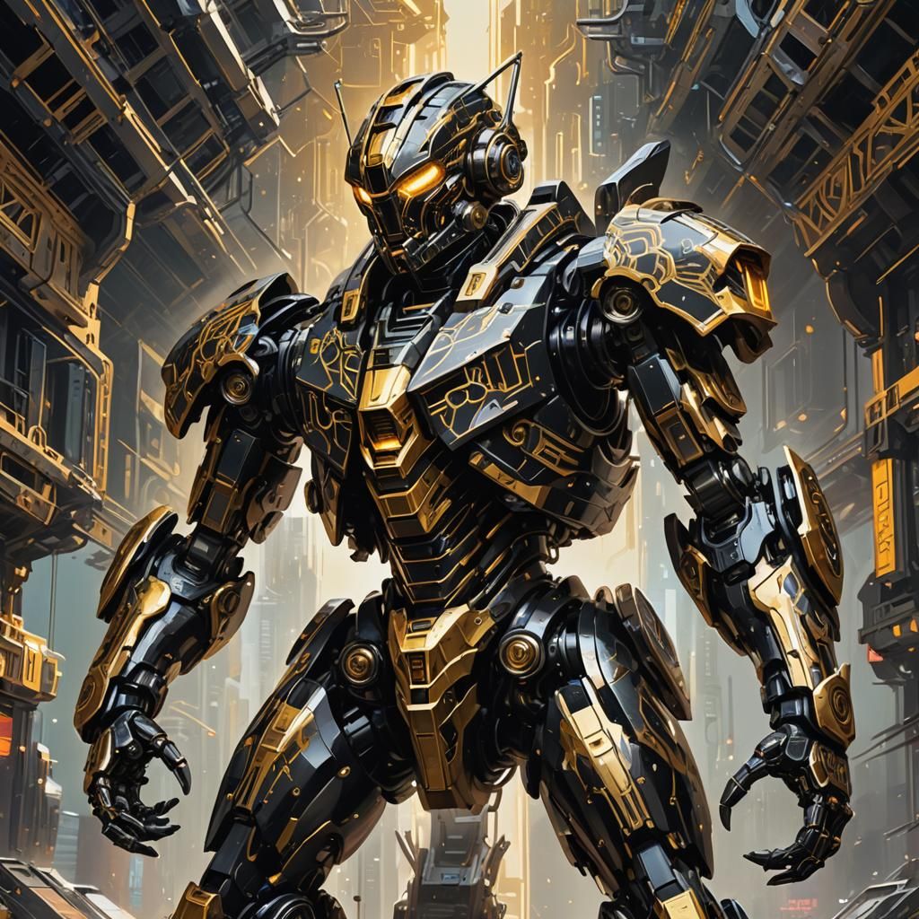 Heroic Sci-Fi Mech Warrior in Gold and Black