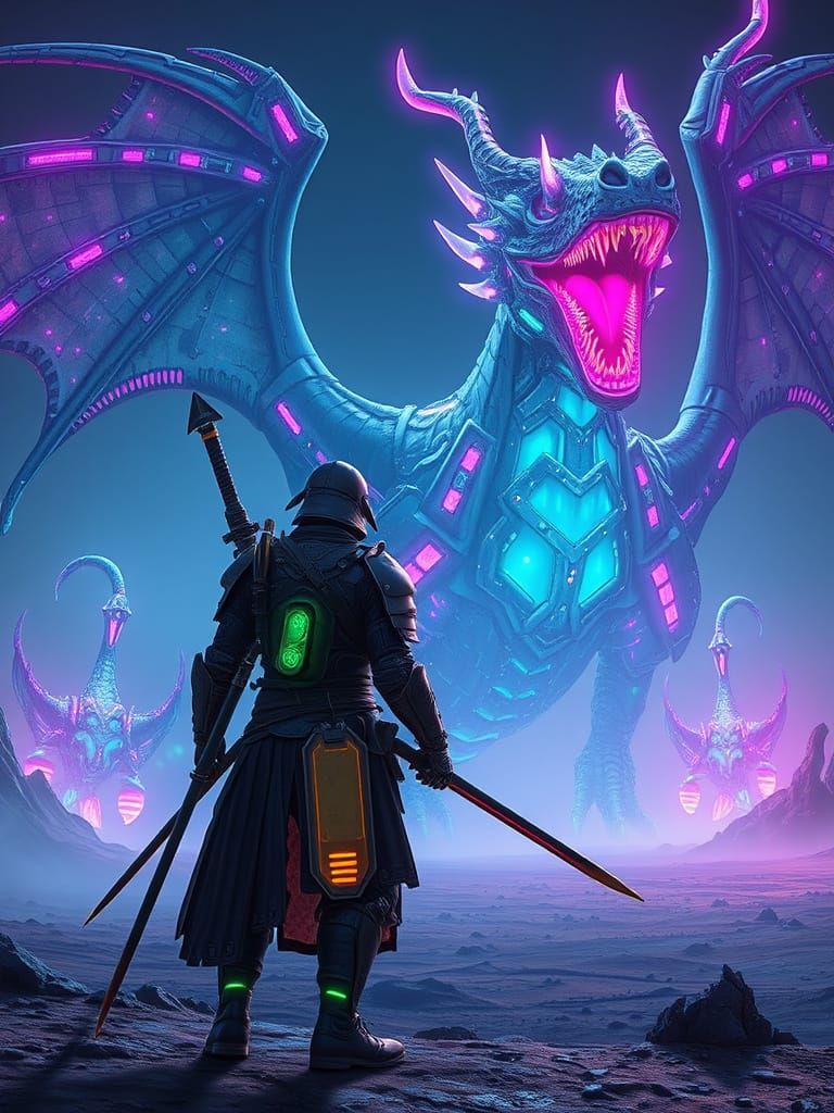 Cyberpunk Samurai and Bioluminescent Dragon on Alien World