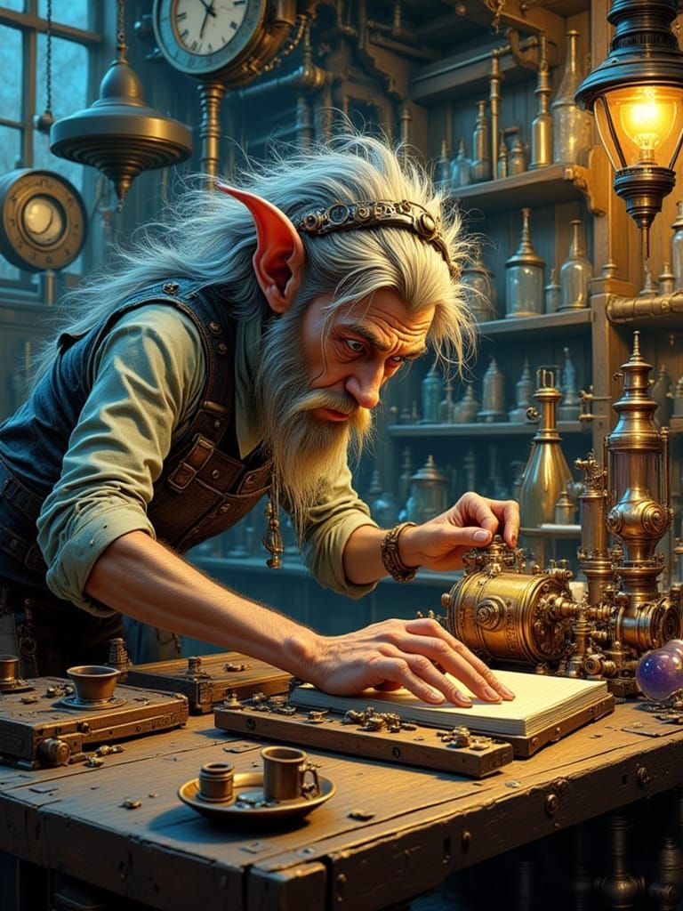 Mischievous Goblin Tinkerer in Victorian Workshop