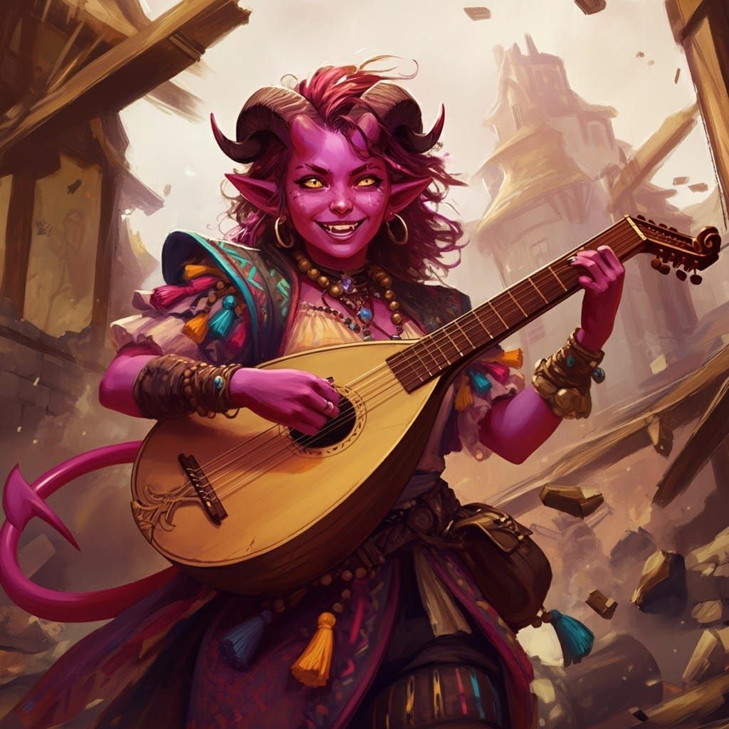 Playful Tiefling Bard in Devastated Village, Digital Art