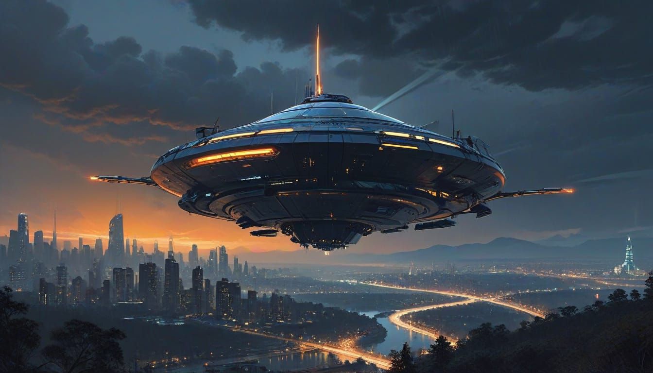 Electric Guitar-Shaped UFO Soars Over Cityscape in Futuristi...
