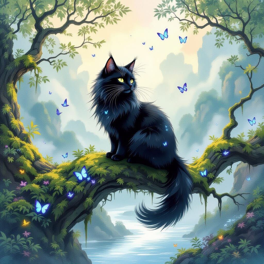 Cosmic Cat on Ancient Branch in Watercolor Style