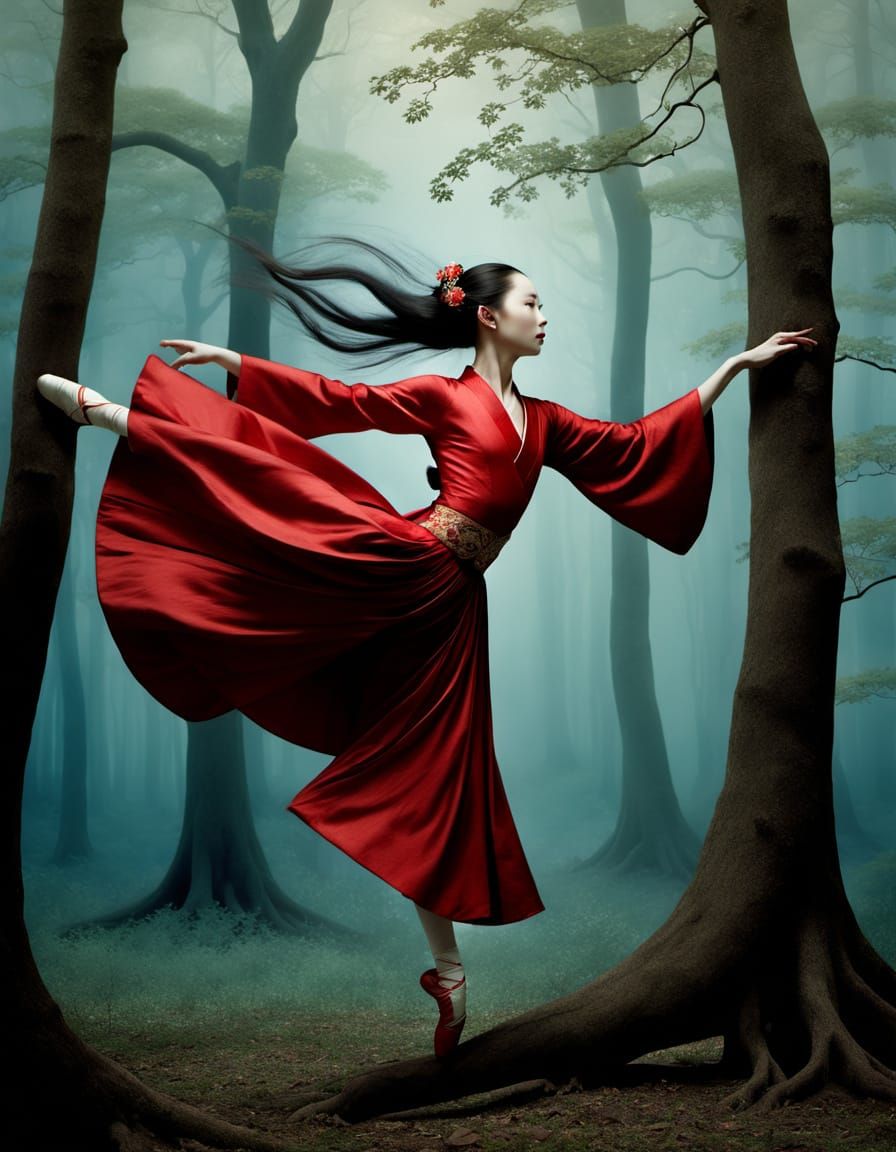 Surreal Ballerina Dancing in Haunted Bluebell Wood