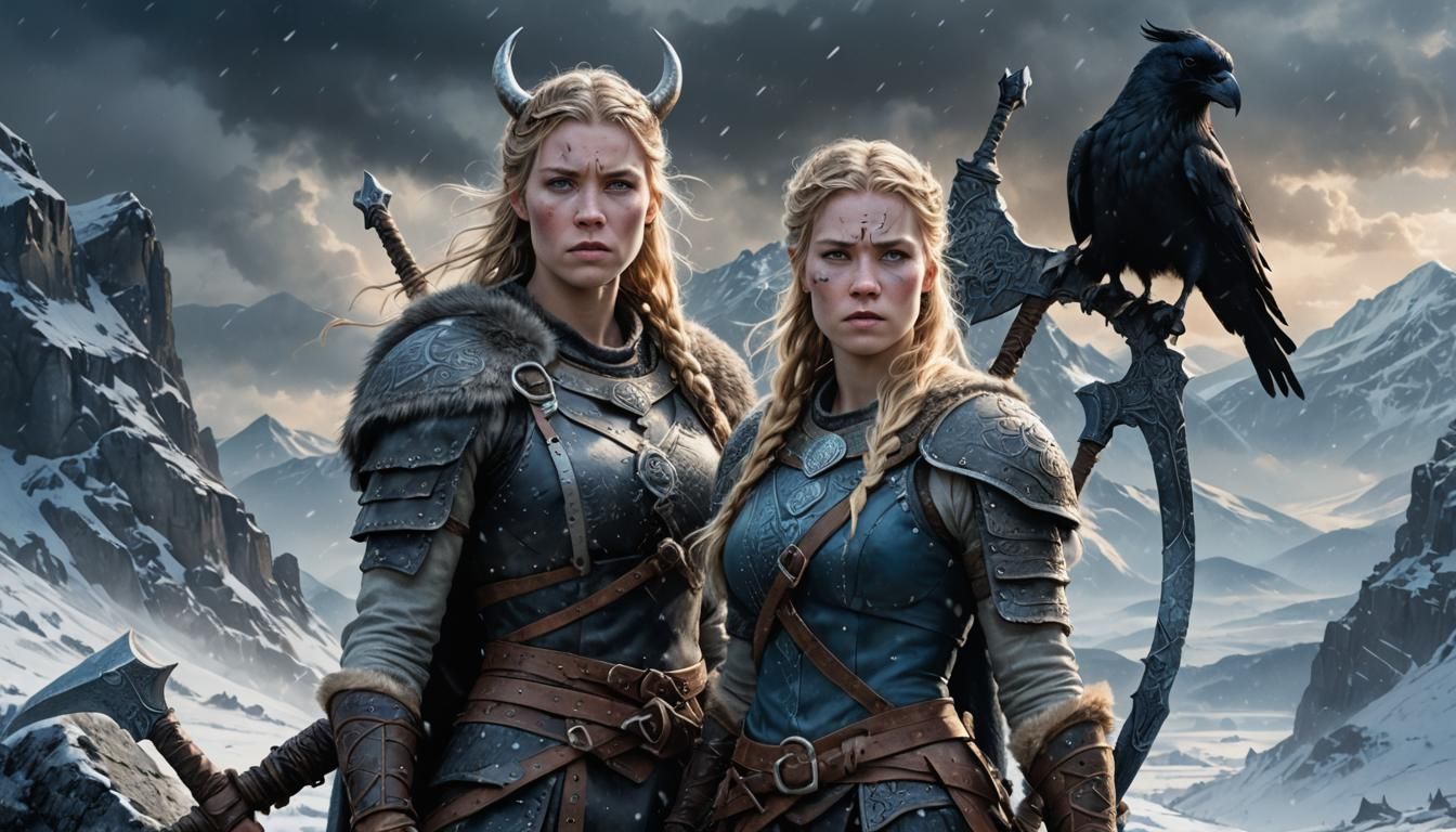 Viking Shieldmaiden with Raven and Diadem on Mountain