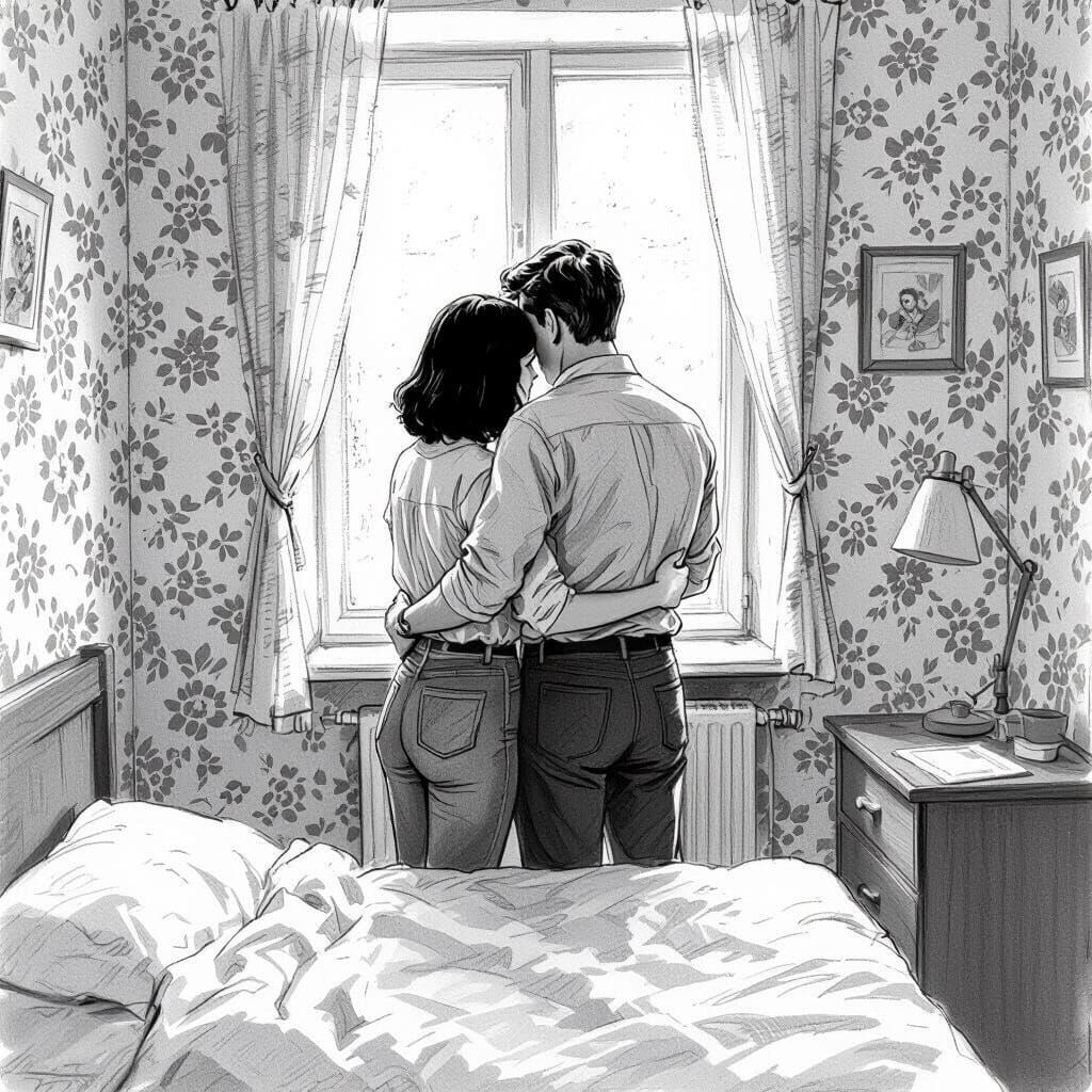 Tender Pencil Sketch of 70s Soviet Room Embrace