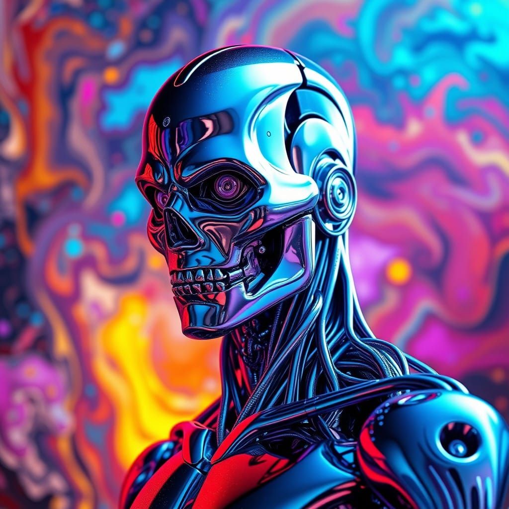 Shimmering Liquid Metal Android in Vibrant, Futuristic Lands...