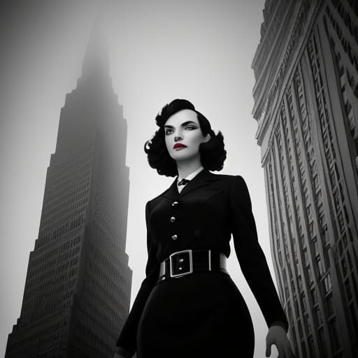 Goddess on Federal Building in Film Noir Style
