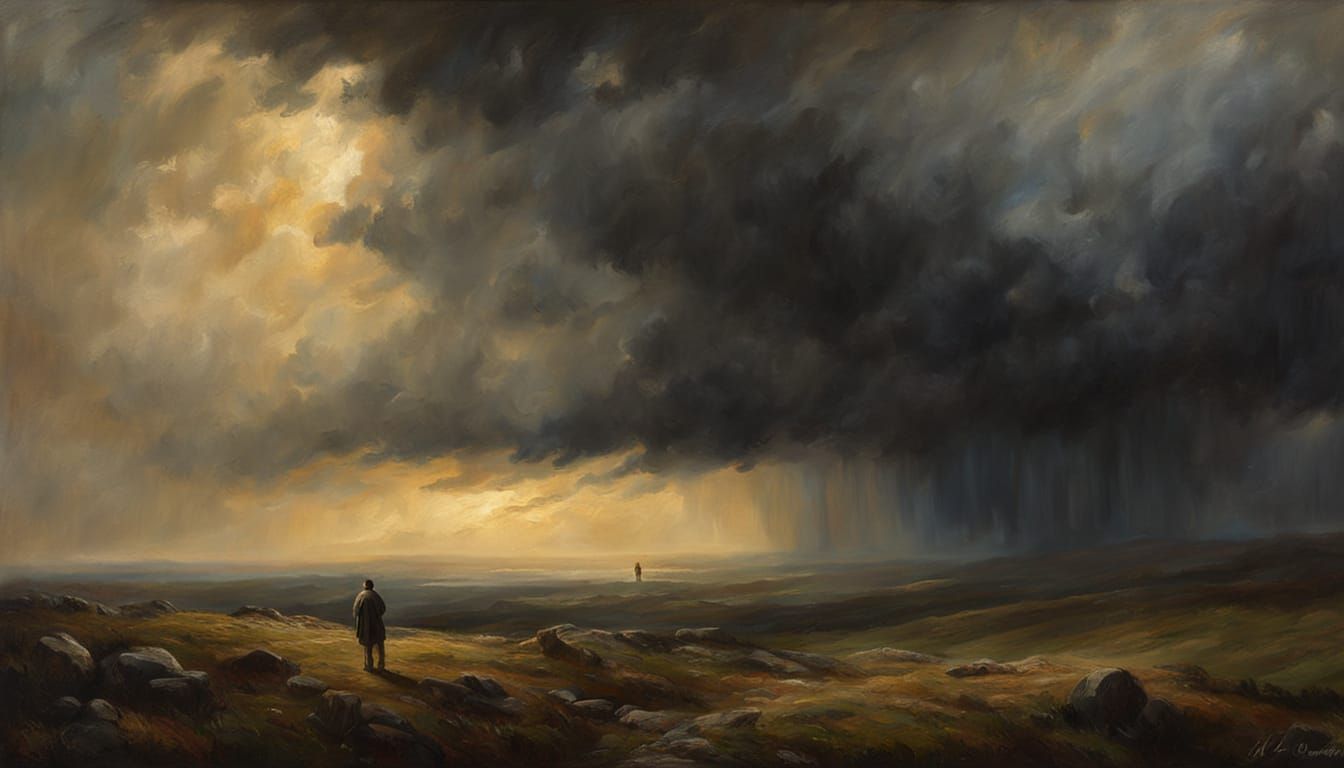 Dramatic Moor Landscape Painting with Stormy Sky