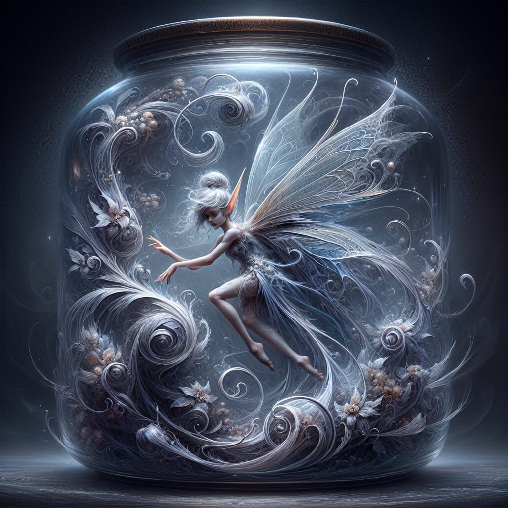 Pixie Captured in Glass Jar with Ethereal Mist
