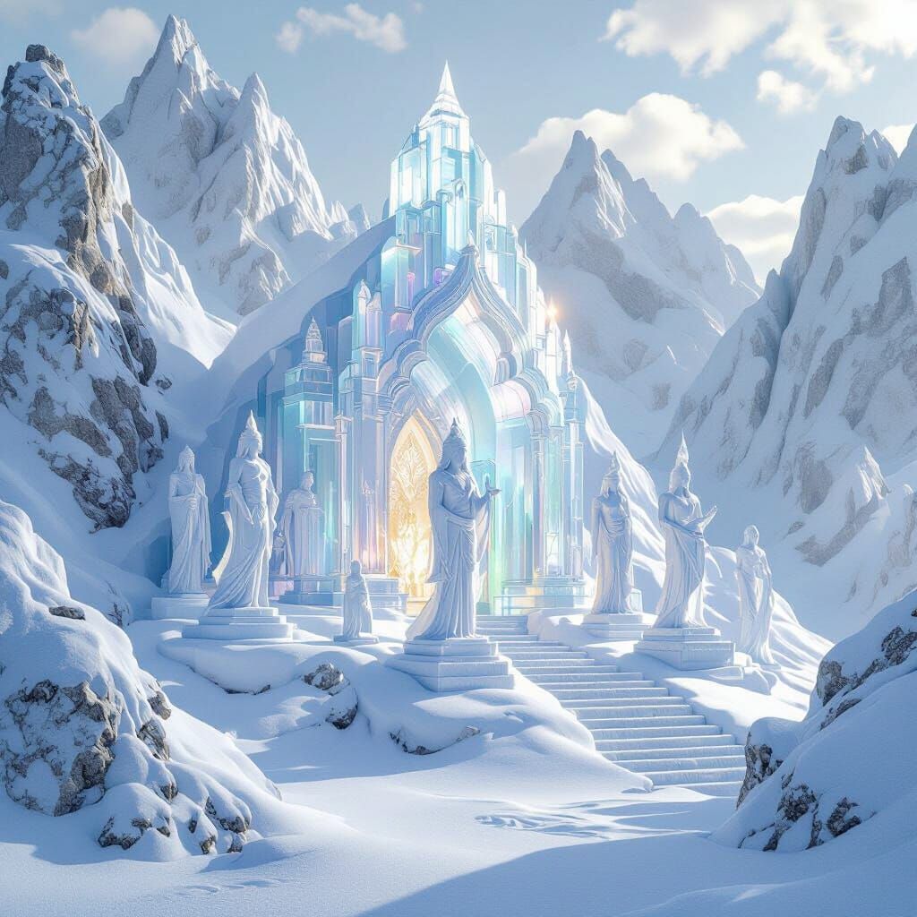 Crystal Temple in Snowy Mountains with Ethereal Statues