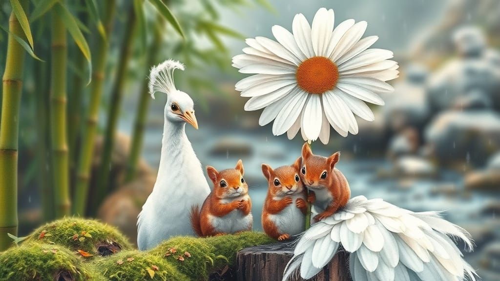 Regal White Peacock in Whimsical Watercolour Scene