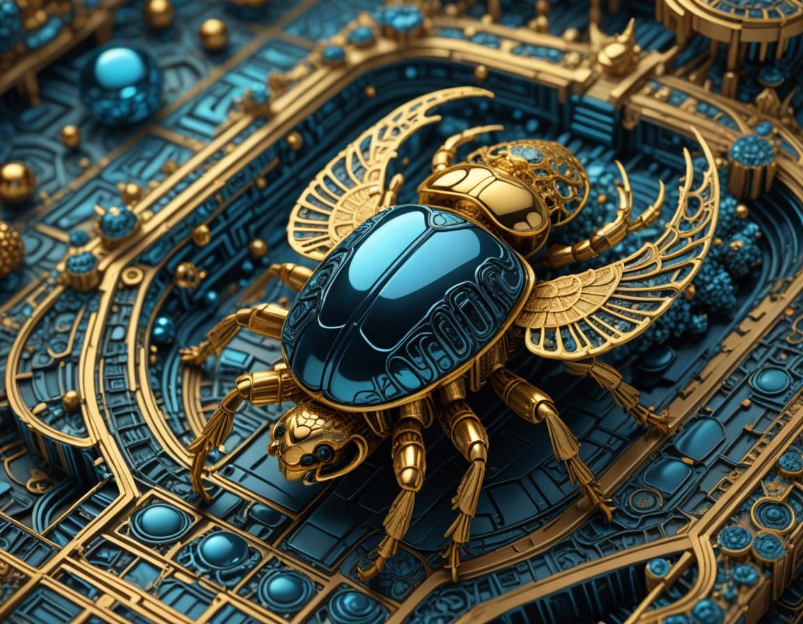Majestic Scarab Crawls a Fractal Realm in Vibrant Blue and G...