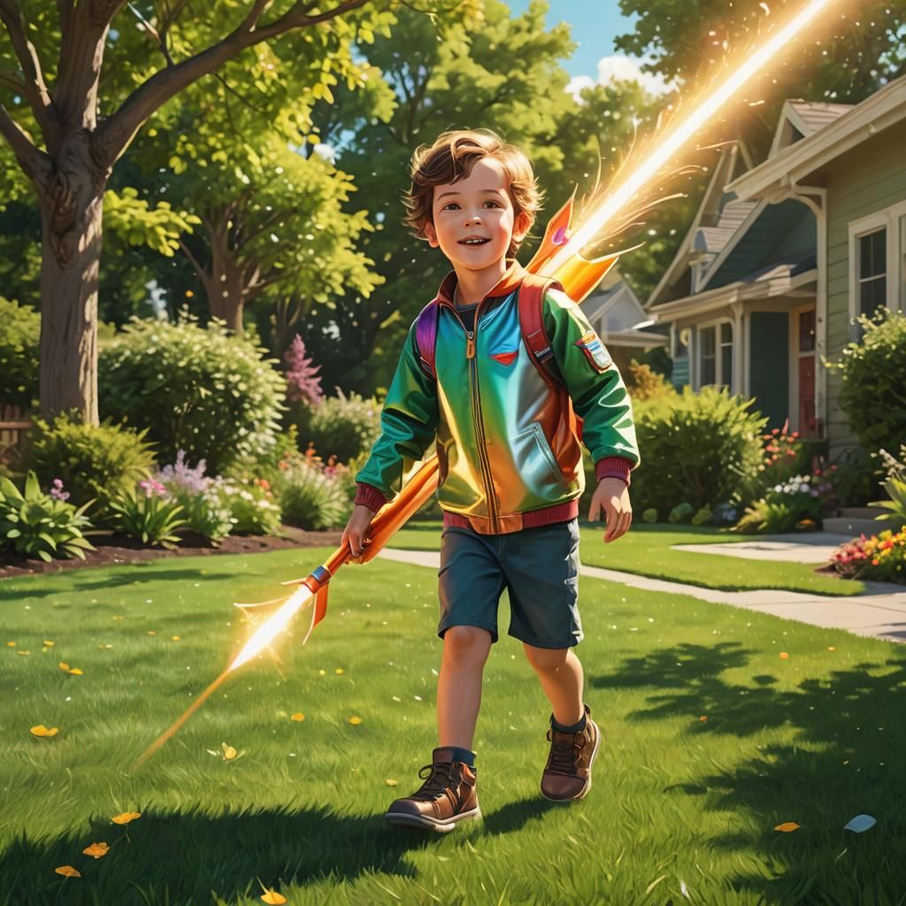 Child Strutting Rocket in Sunny Backyard: Pixar-Inspired Art