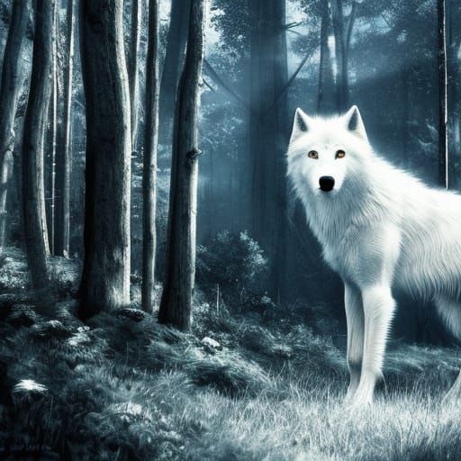 Monochrome White Wolf in Detailed Forest