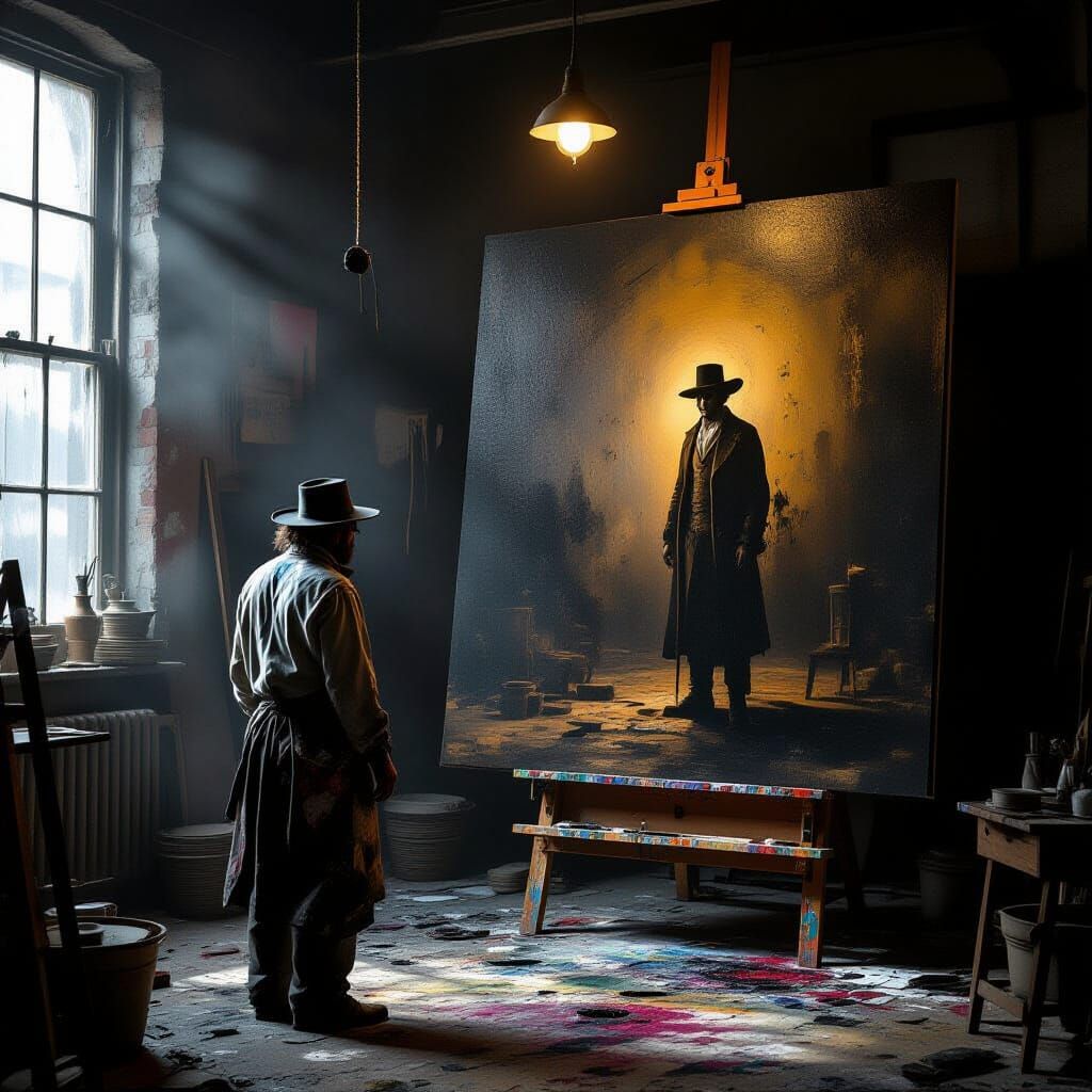 Eccentric Artist Before Colossal Canvas in Chiaroscuro Style