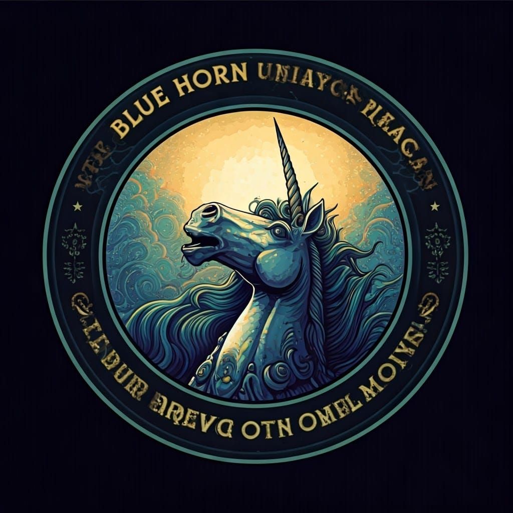 Blue Horn Unicorn Brewing Company Logo in Art Deco