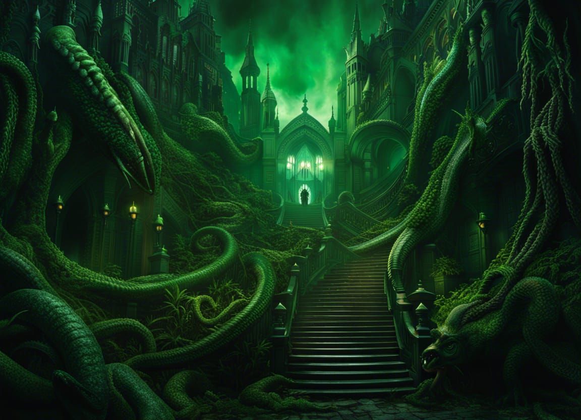 Lovecraftian Horror with Eyes and Green Mist