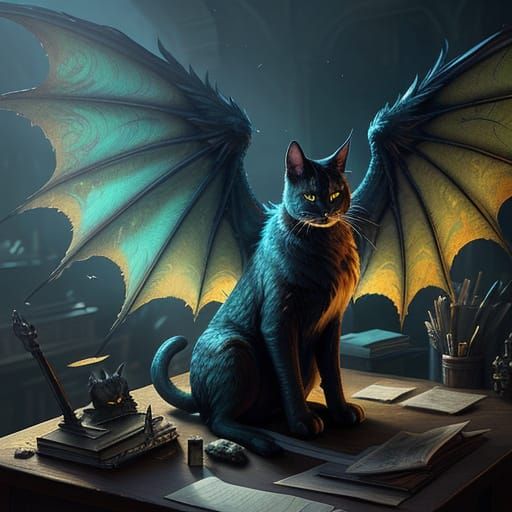 Cat With Dragon Wings on Messy Desk - Fantasy Digital Art