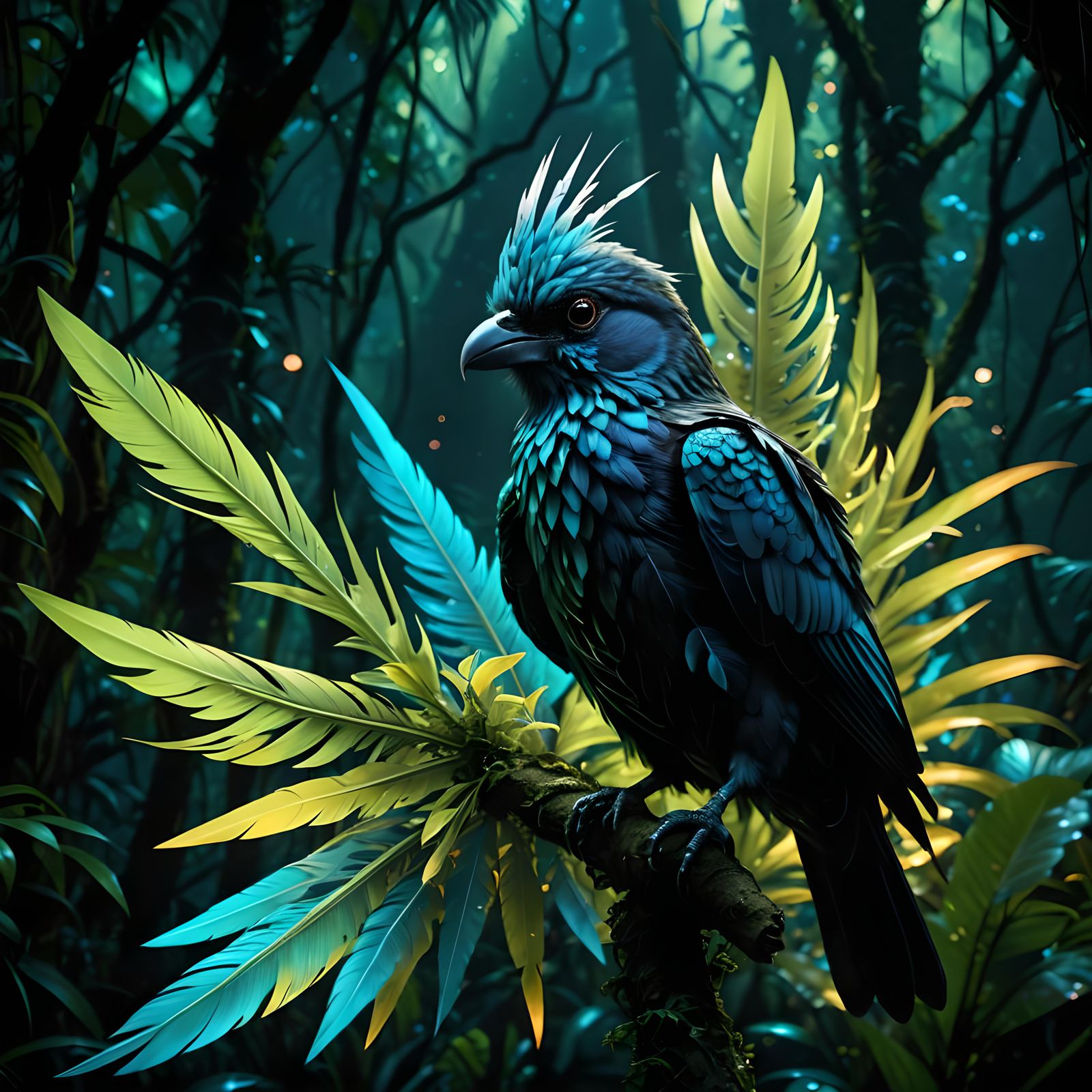 Bioluminescent Neon Bird in Dark Jungle